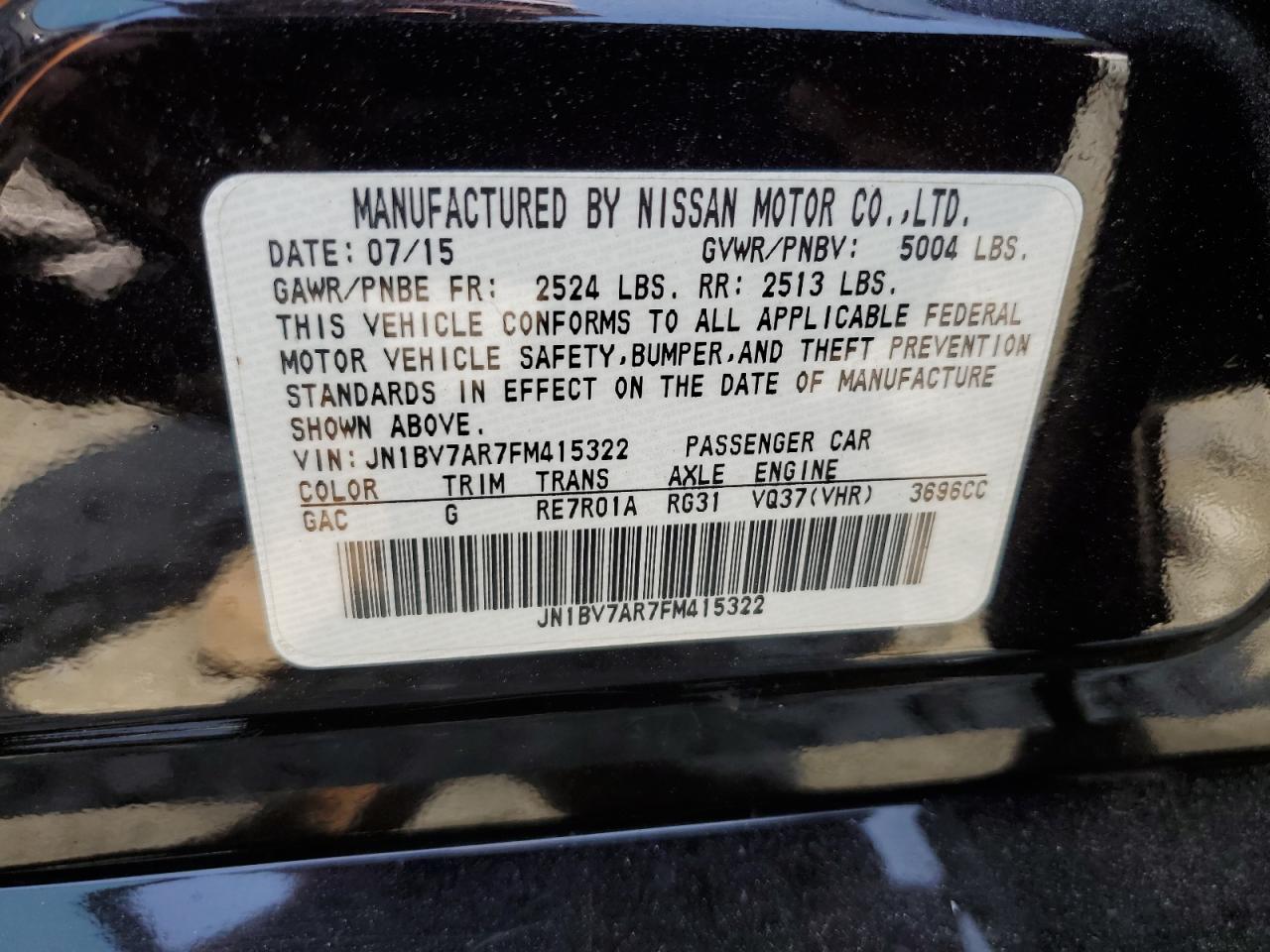 2015 Infiniti Q50 VIN JN1BV7AR7FM415322 Copart auction photo, front end / rear end damage thumbnail 14