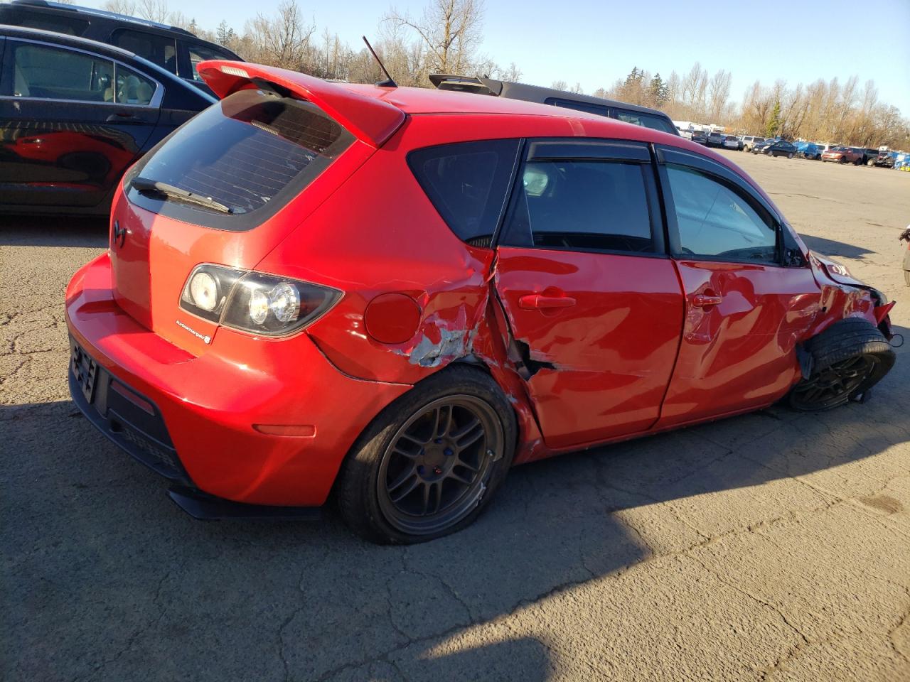 2008 Mazda 3 VIN JM1BK34M881856959 Copart auction photo, side / undercarriage damage thumbnail 3