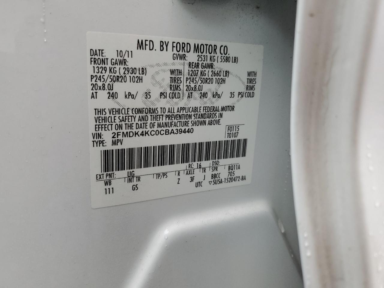 2012 Ford Edge VIN 2FMDK4KC0CBA39440 Copart auction photo, minor dent/scratches damage thumbnail 13