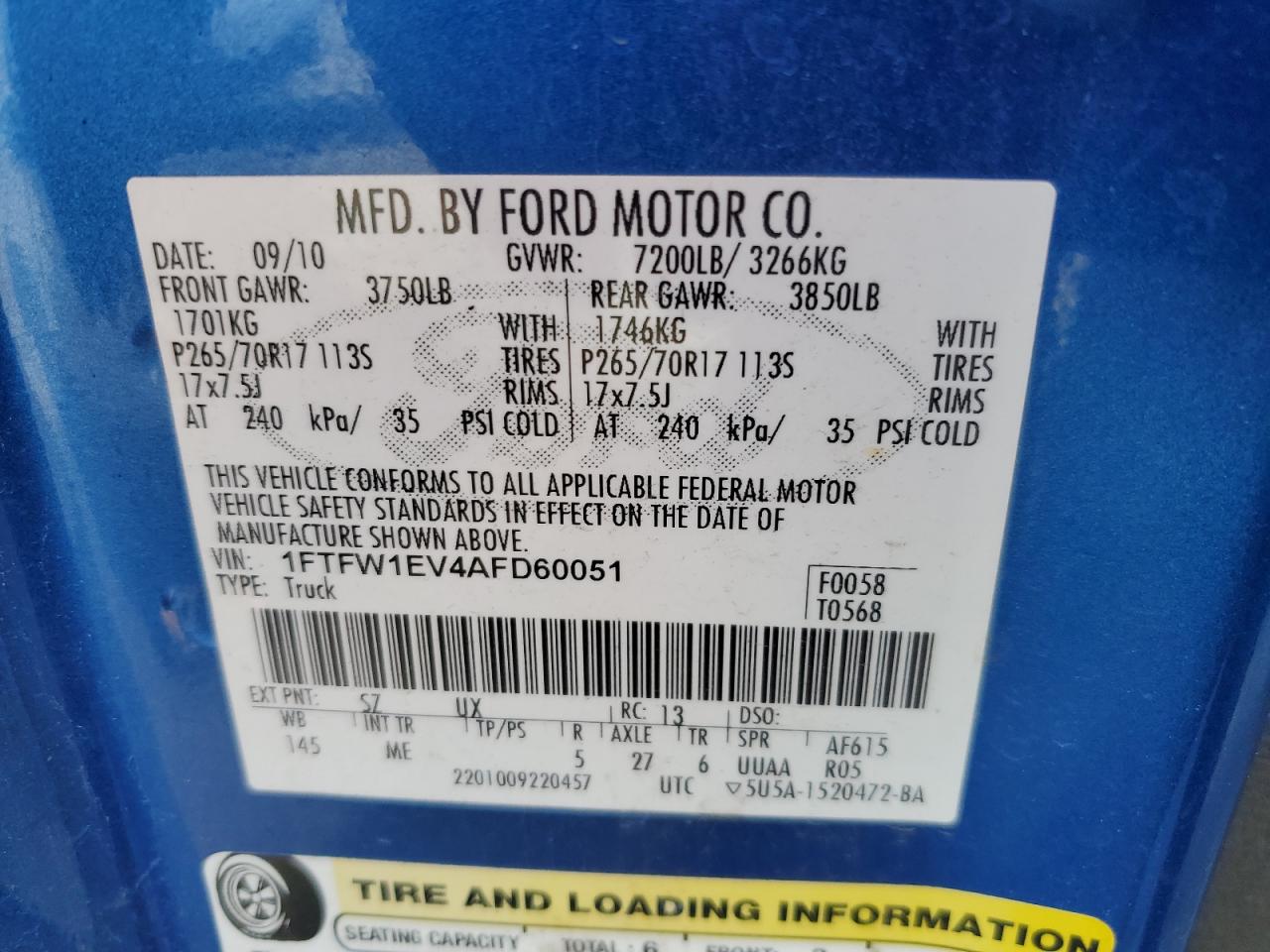 2010 Ford F-150 VIN 1FTFW1EV4AFD60051 Copart auction photo, rear end damage thumbnail 12