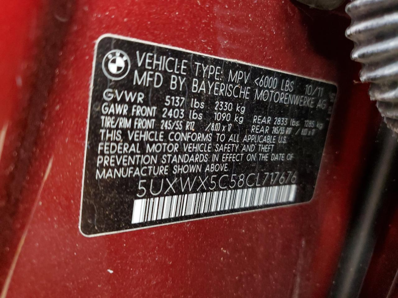 2012 BMW X3 VIN 5UXWX5C58CL717676 Copart auction photo, front end damage thumbnail 15