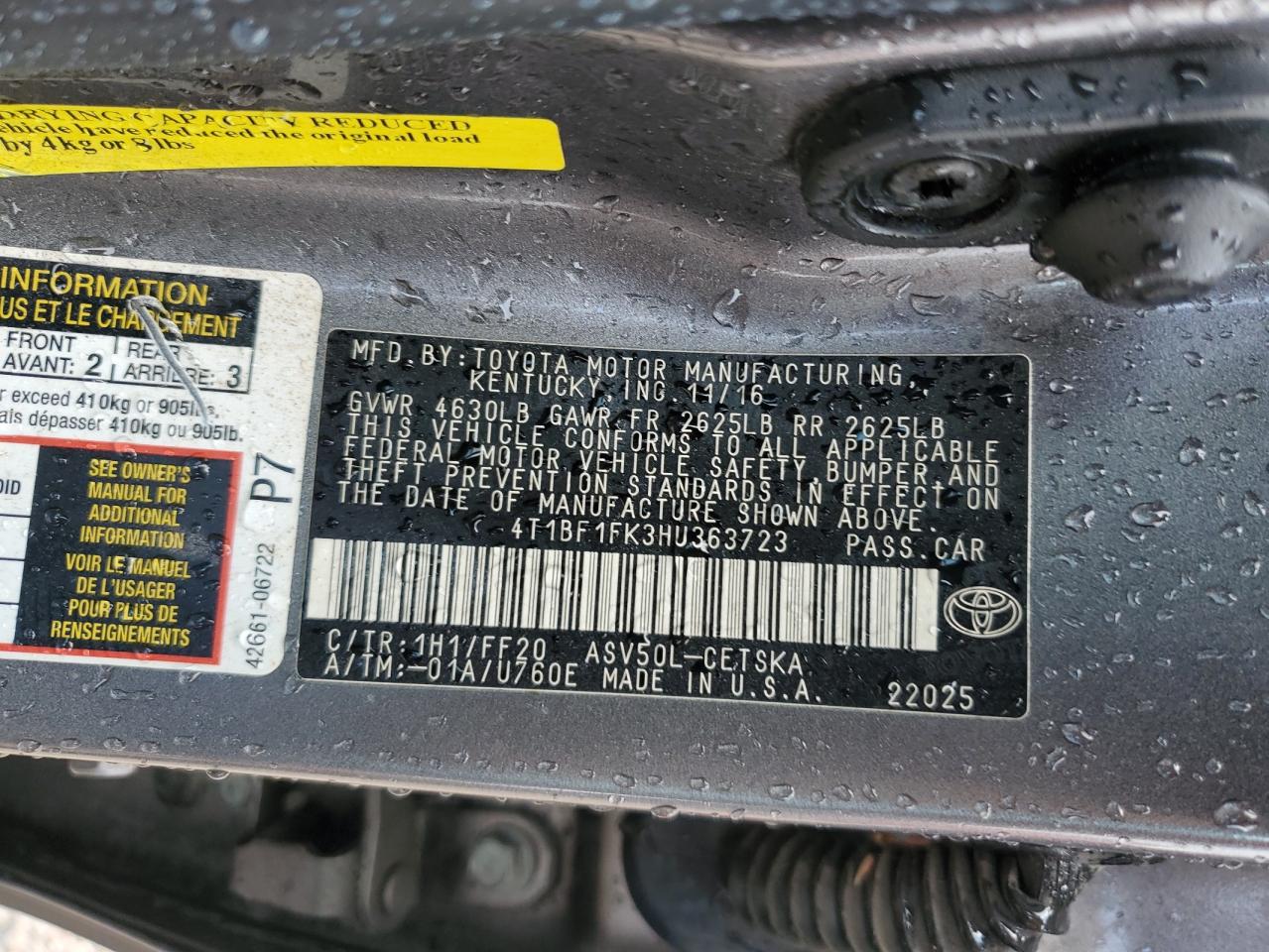 2017 Toyota Camry VIN 4T1BF1FK3HU363723 Copart auction photo, front end damage thumbnail 12