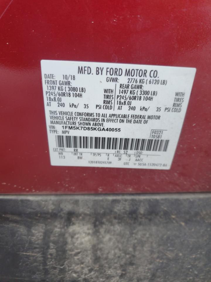 2019 Ford Explorer VIN 1FM5K7D85KGA40055 Copart auction photo, front end / side damage thumbnail 15