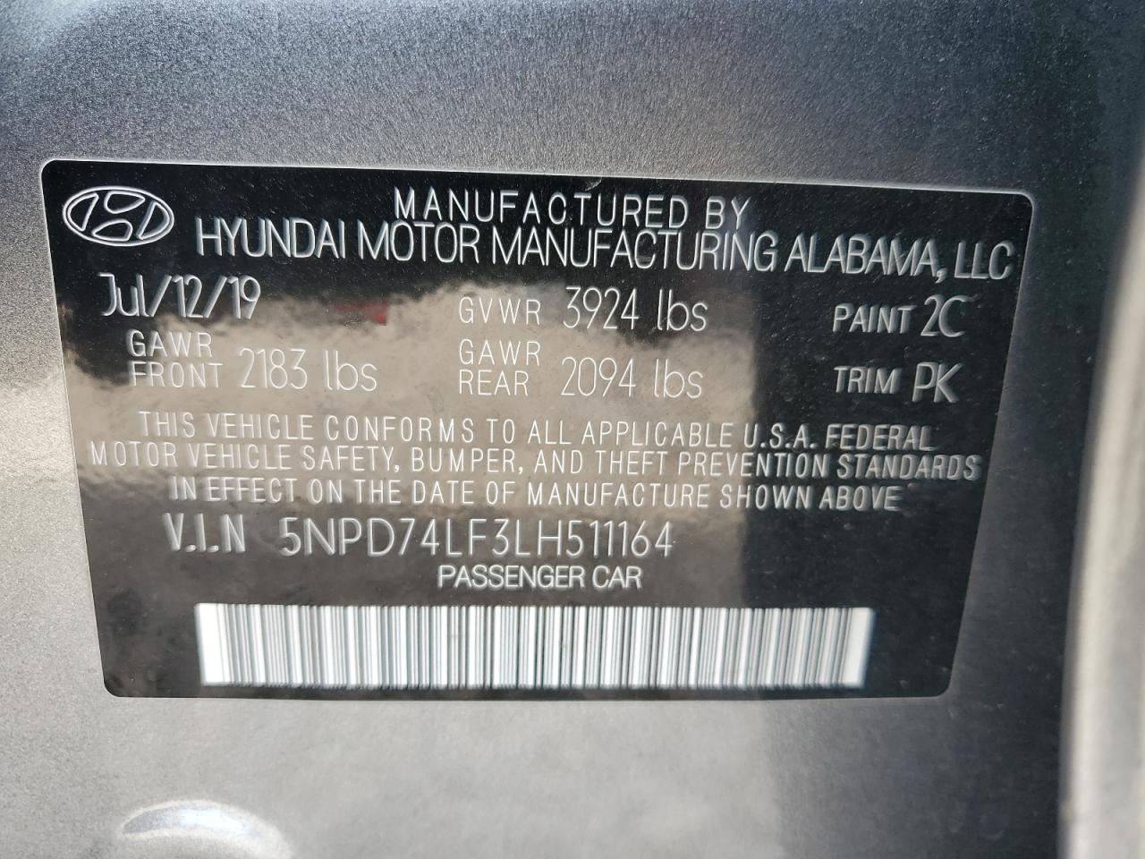 2020 Hyundai Elantra VIN 5NPD74LF3LH511164 Copart auction photo, front end / rear end damage thumbnail 13