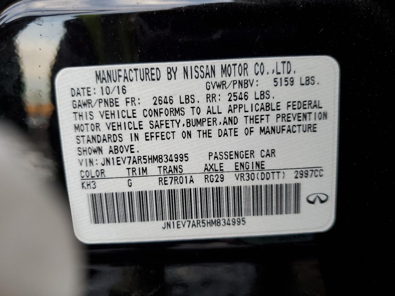 2017 Infiniti Q50 VIN JN1EV7AR5HM834995 Copart auction photo, all over / front end damage thumbnail 14