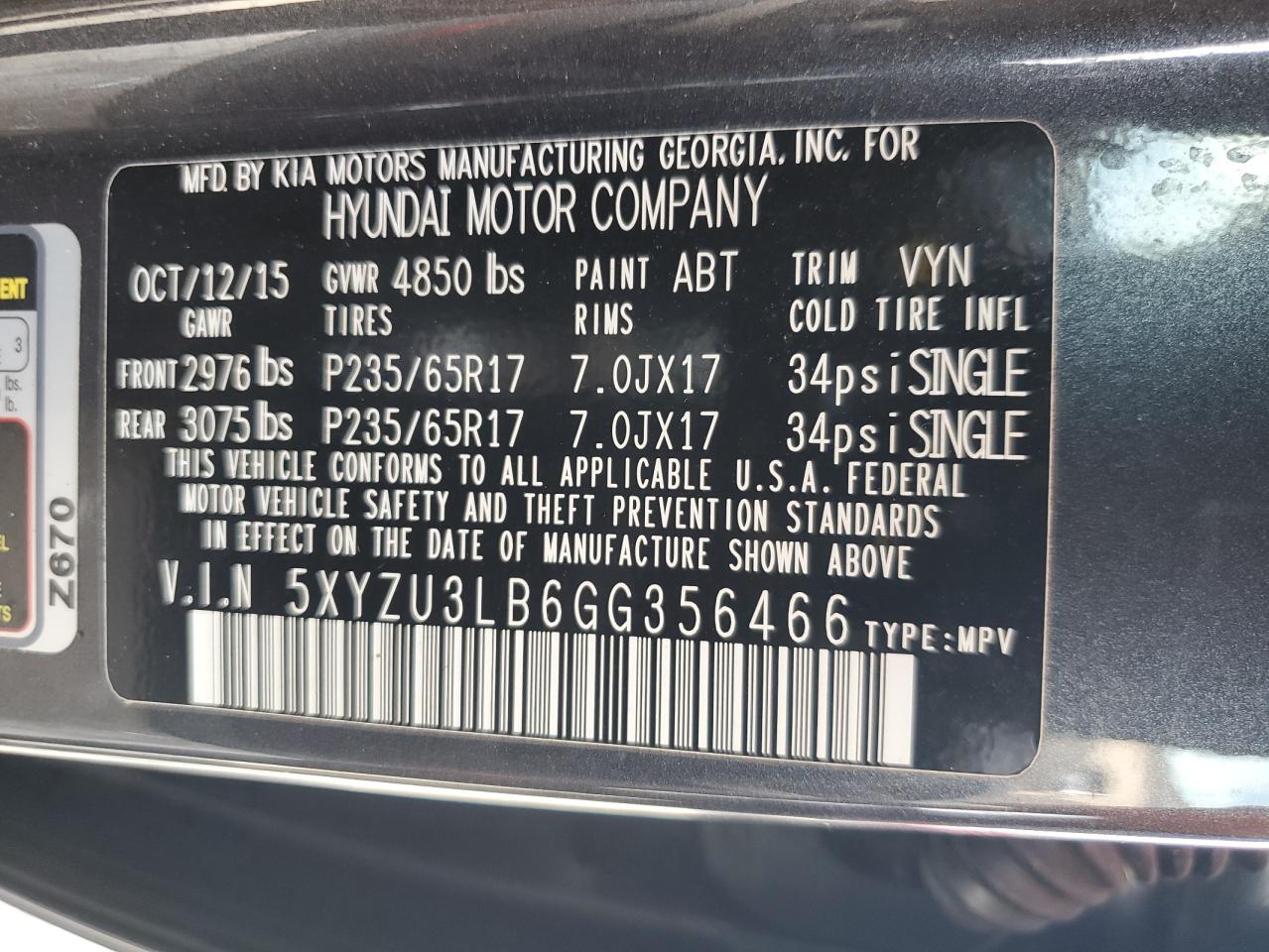 2016 Hyundai Santa Fe VIN 5XYZU3LB6GG356466 Copart auction photo, front end / rear end damage thumbnail 13