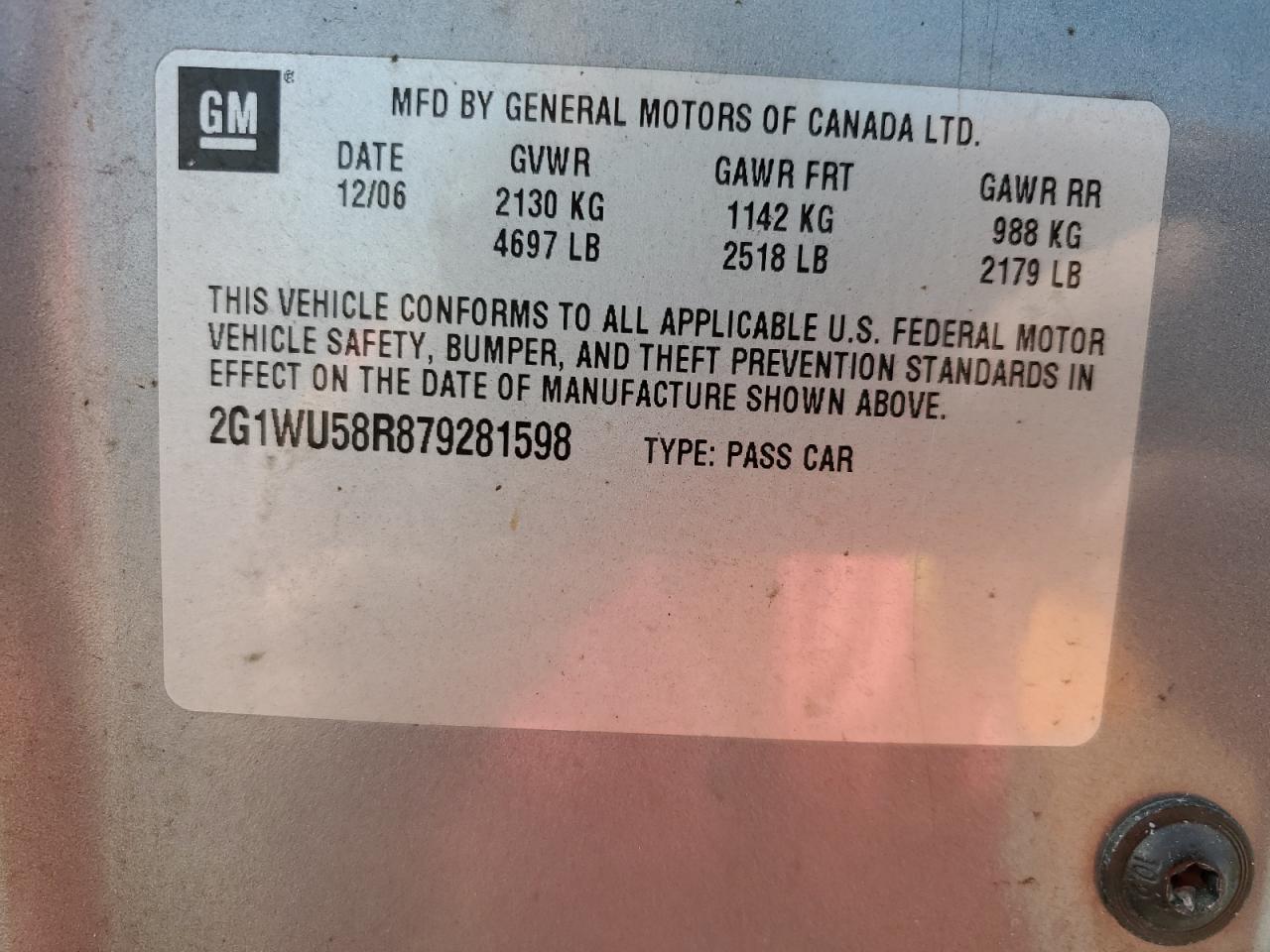 2007 Chevrolet Impala VIN 2G1WU58R879281598 Copart auction photo, front end / mechanical damage thumbnail 13
