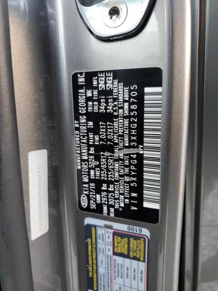 2017 KIA Sorento VIN 5XYPG4A3XHG258705 Copart auction photo, side / front end damage thumbnail 14