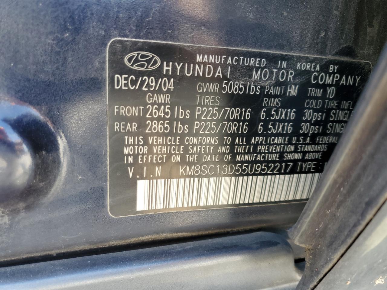 2005 Hyundai Santa Fe VIN KM8SC13D55U952217 Copart auction photo, rear end / undercarriage damage thumbnail 15
