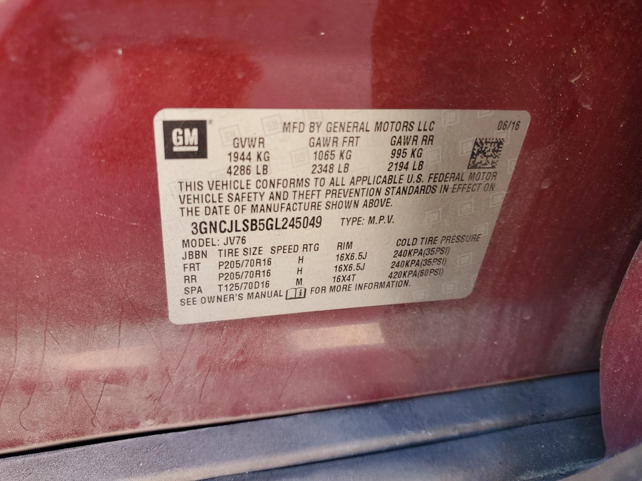 2016 Chevrolet Trax VIN 3GNCJLSB5GL245049 Copart auction photo, rear end damage thumbnail 13