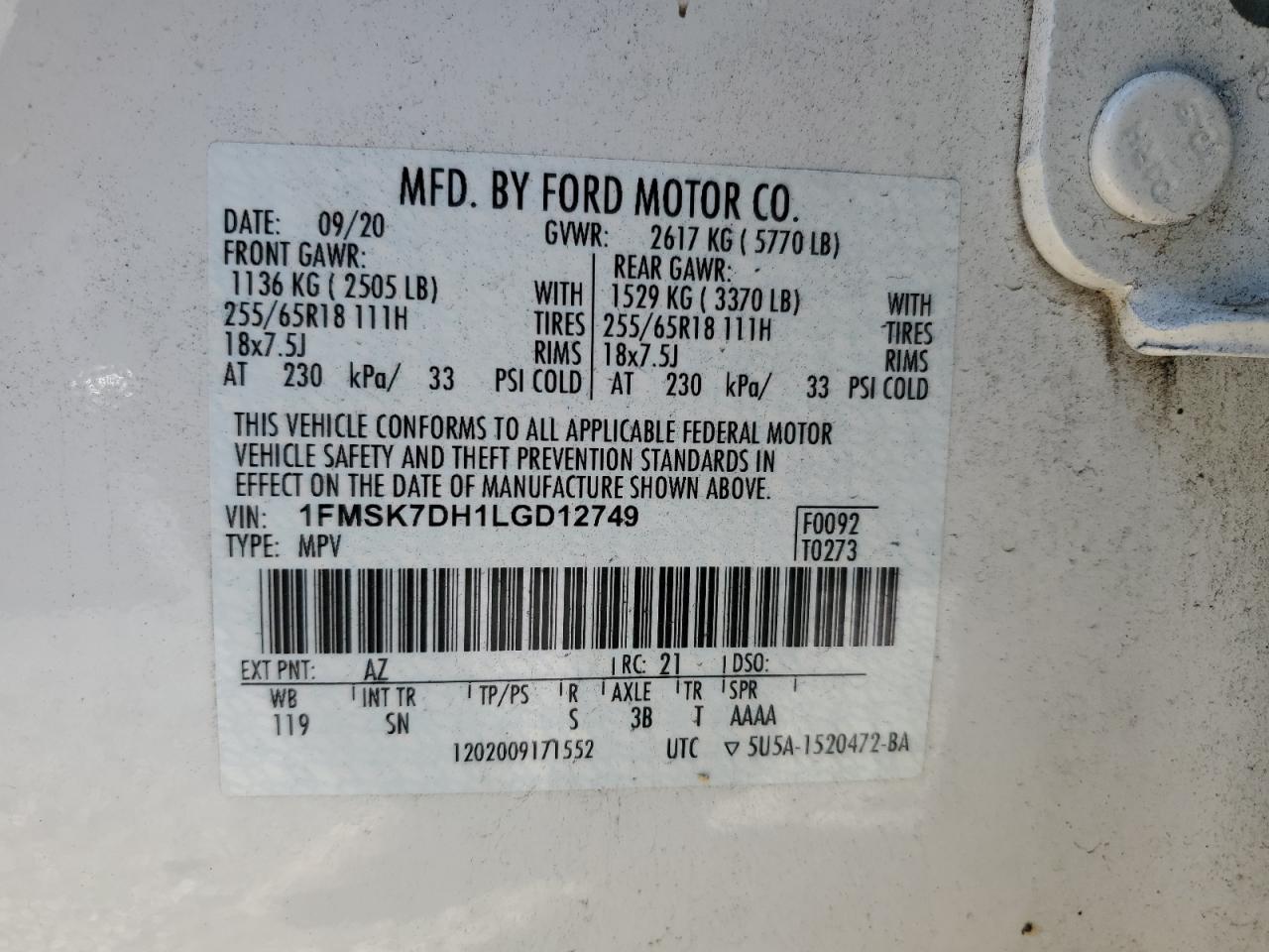 2020 Ford Explorer VIN 1FMSK7DH1LGD12749 Copart auction photo, all over damage thumbnail 13
