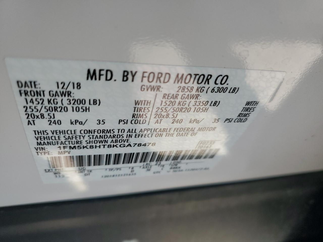 2019 Ford Explorer VIN 1FM5K8HT8KGA78478 Copart auction photo, rear end / side damage thumbnail 13