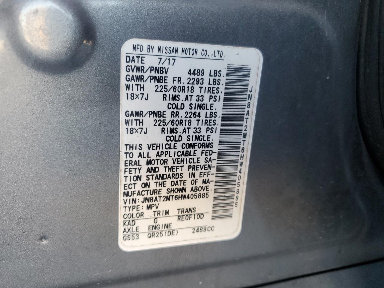 2017 Nissan Rogue VIN JN8AT2MT6HW405885 Copart auction photo, front end damage thumbnail 15