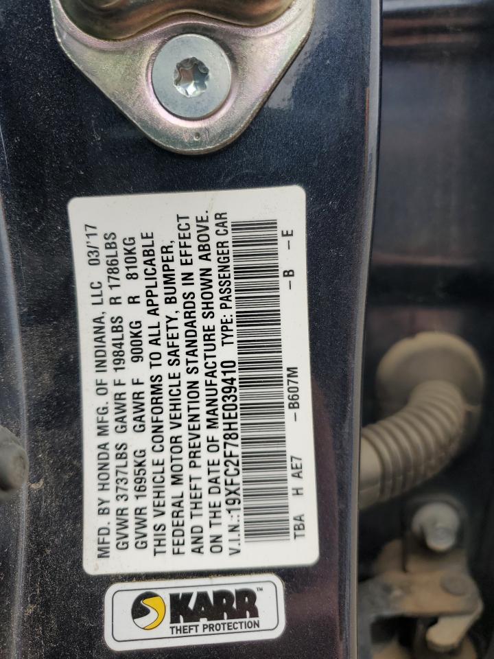2017 Honda Civic VIN 19XFC2F78HE039410 Copart auction photo, front end / side damage thumbnail 14