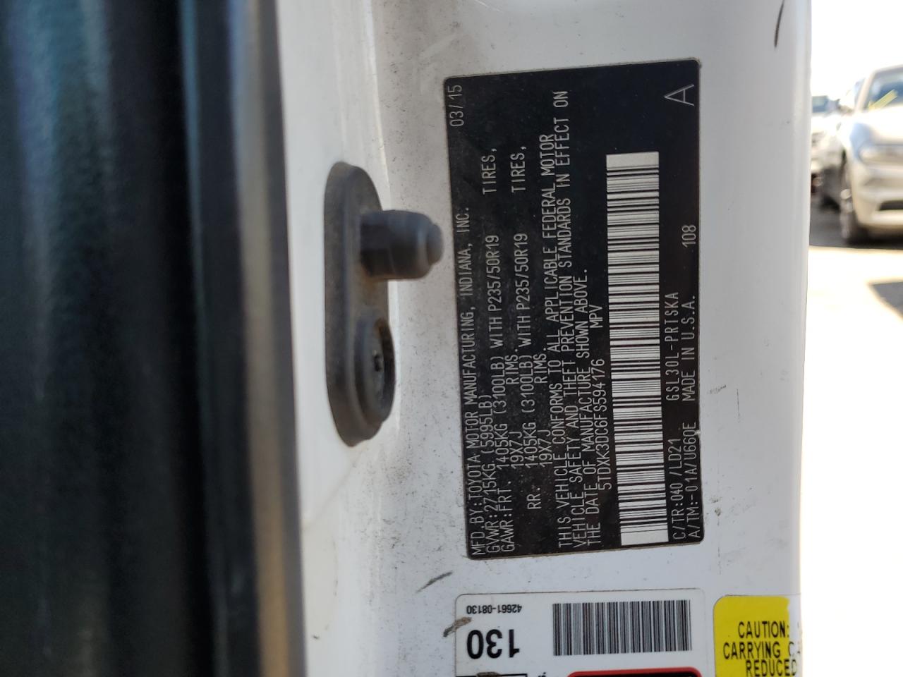 2015 Toyota Sienna VIN 5TDXK3DC6FS594176 Copart auction photo, front end / side damage thumbnail 14
