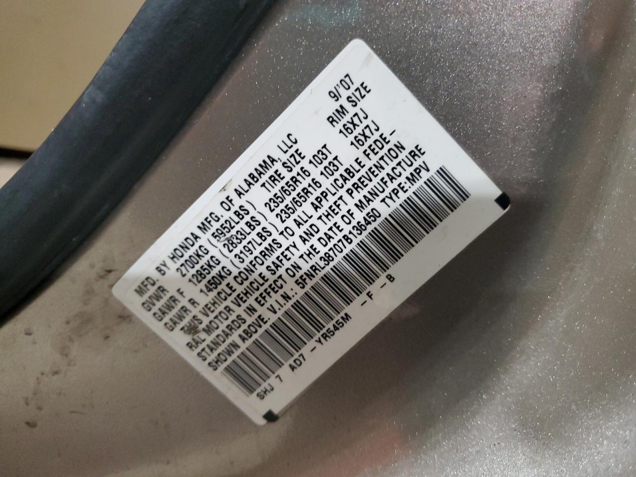 2007 Honda Odyssey VIN 5FNRL38707B136450 Copart auction photo, front end damage thumbnail 13