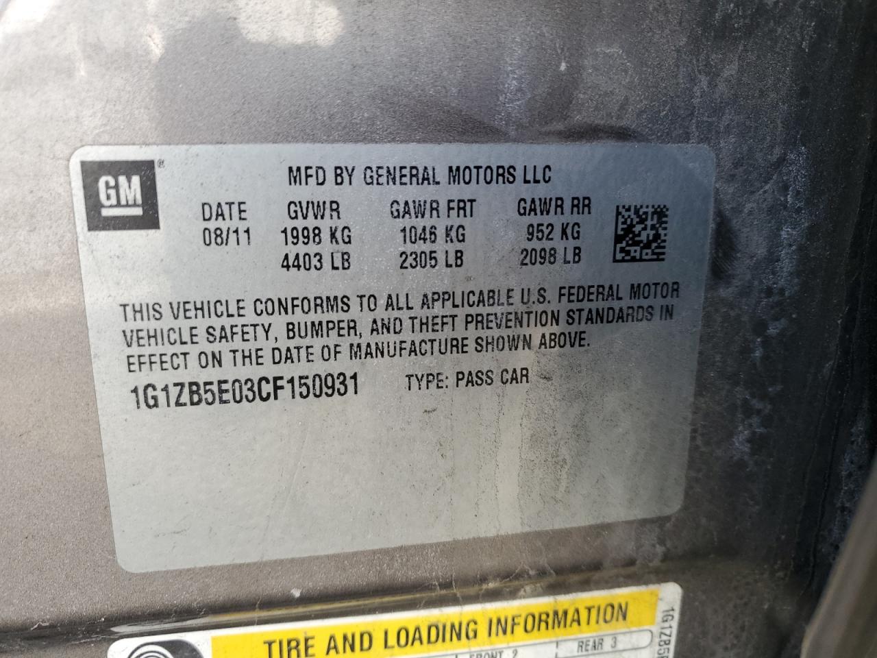 2012 Chevrolet Malibu VIN 1G1ZB5E03CF150931 Copart auction photo, rear end damage thumbnail 12
