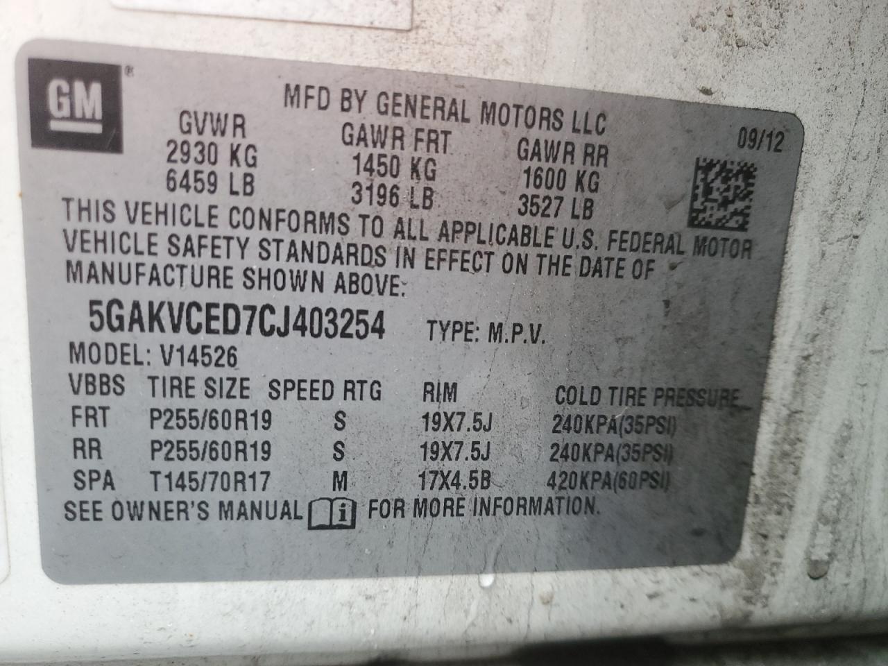 2012 Buick Enclave VIN 5GAKVCED7CJ403254 Copart auction photo, front end / minor dent/scratches damage thumbnail 15