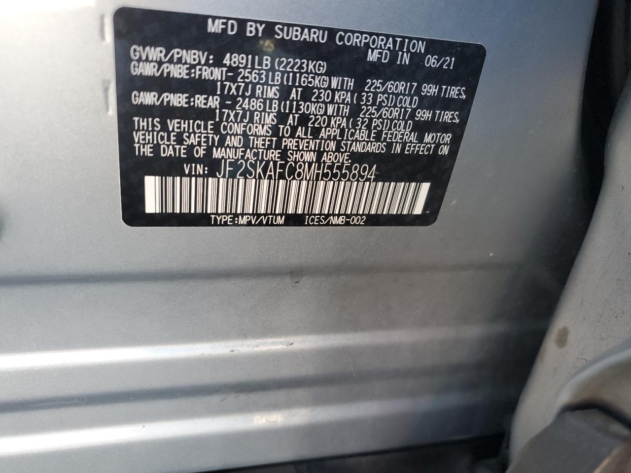 2021 Subaru Forester VIN JF2SKAFC8MH555894 Copart auction photo, front end damage thumbnail 14