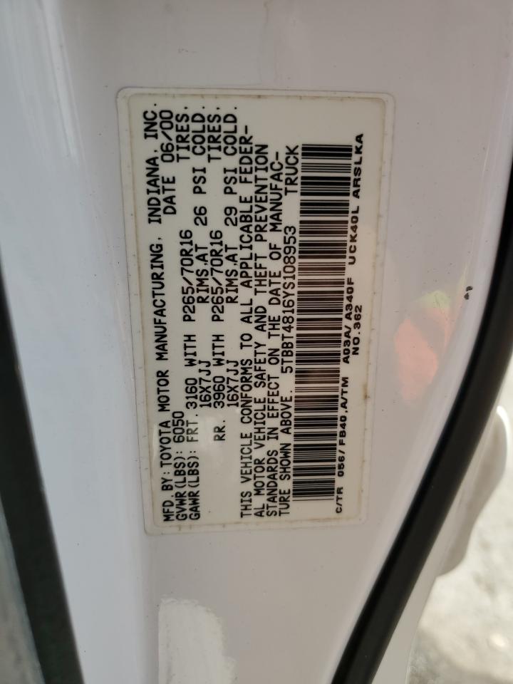 2000 Toyota Tundra VIN 5TBBT4816YS108953 Copart auction photo, rear end / side damage thumbnail 13