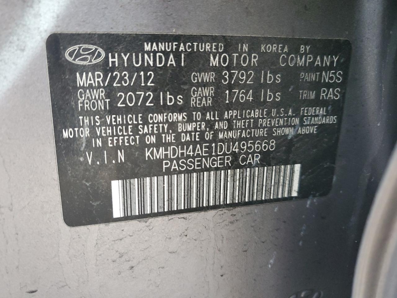2013 Hyundai Elantra VIN KMHDH4AE1DU495668 Copart auction photo, side damage thumbnail 12