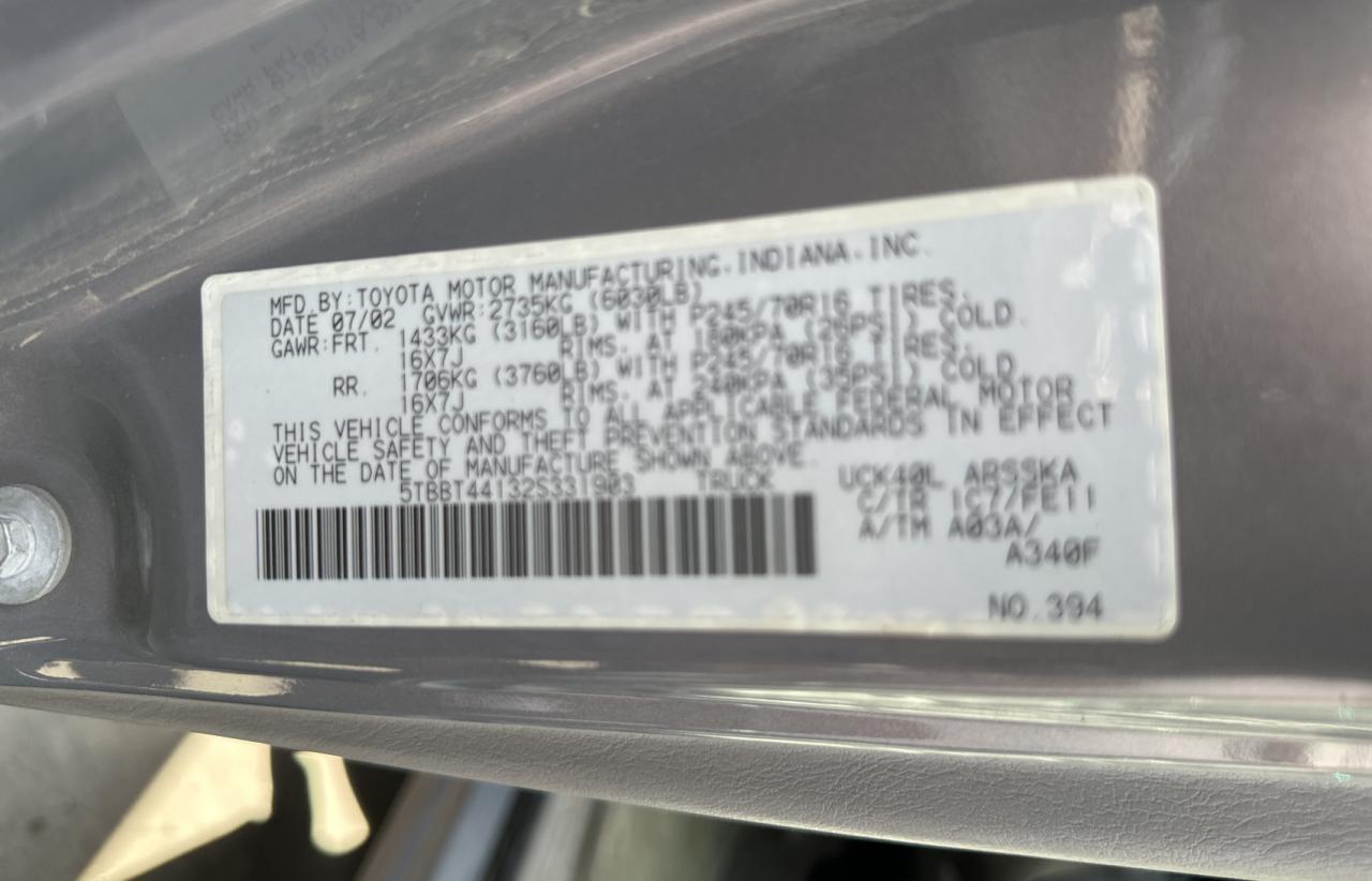 2002 Toyota Tundra VIN 5TBBT44132S331903 Copart auction photo, normal wear damage thumbnail 10