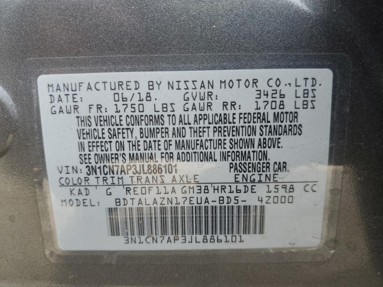 2018 Nissan Versa VIN 3N1CN7AP3JL886101 Copart auction photo, all over damage thumbnail 15
