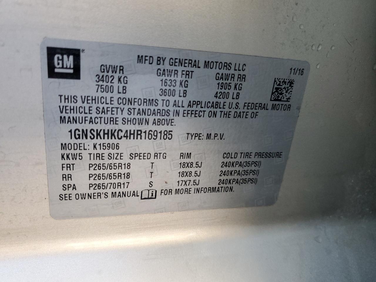2017 Chevrolet Suburban VIN 1GNSKHKC4HR169185 Copart auction photo, front end damage thumbnail 13