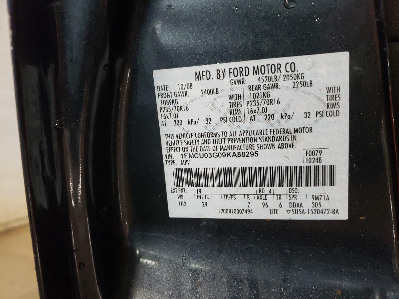 2009 Ford Escape VIN 1FMCU03G09KA88295 Copart auction photo, front end damage thumbnail 12