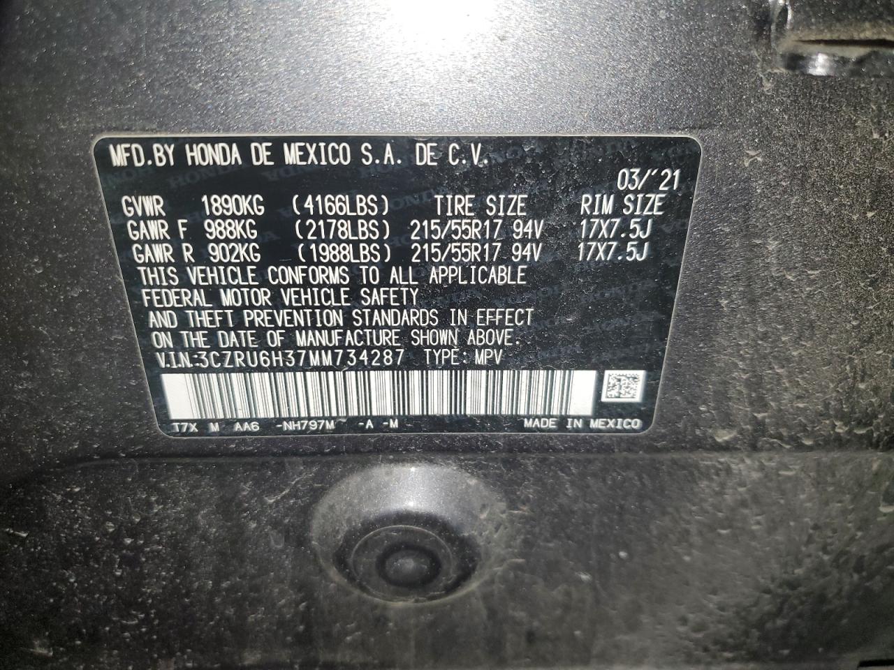 2021 Honda HR-V VIN 3CZRU6H37MM734287 Copart auction photo, front end / minor dent/scratches damage thumbnail 14