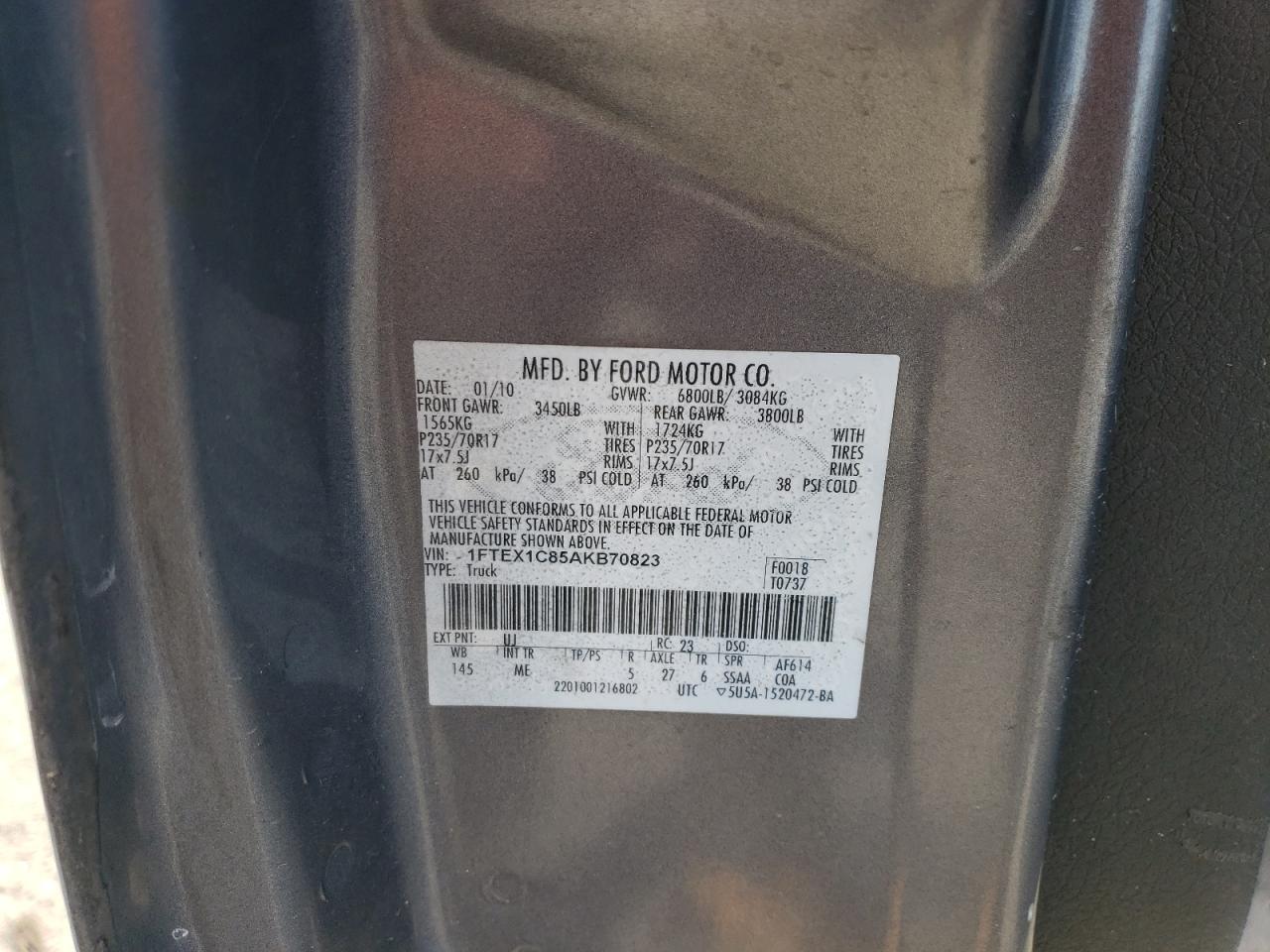2010 Ford F-150 VIN 1FTEX1C85AKB70823 Copart auction photo, side damage thumbnail 14