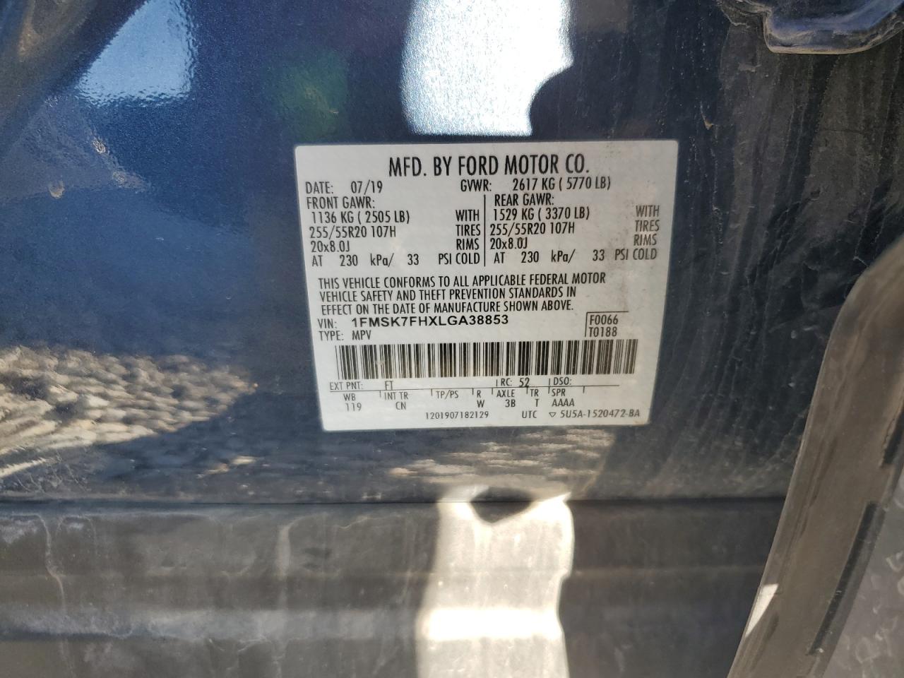 2020 Ford Explorer VIN 1FMSK7FHXLGA38853 Copart auction photo, all over damage thumbnail 13
