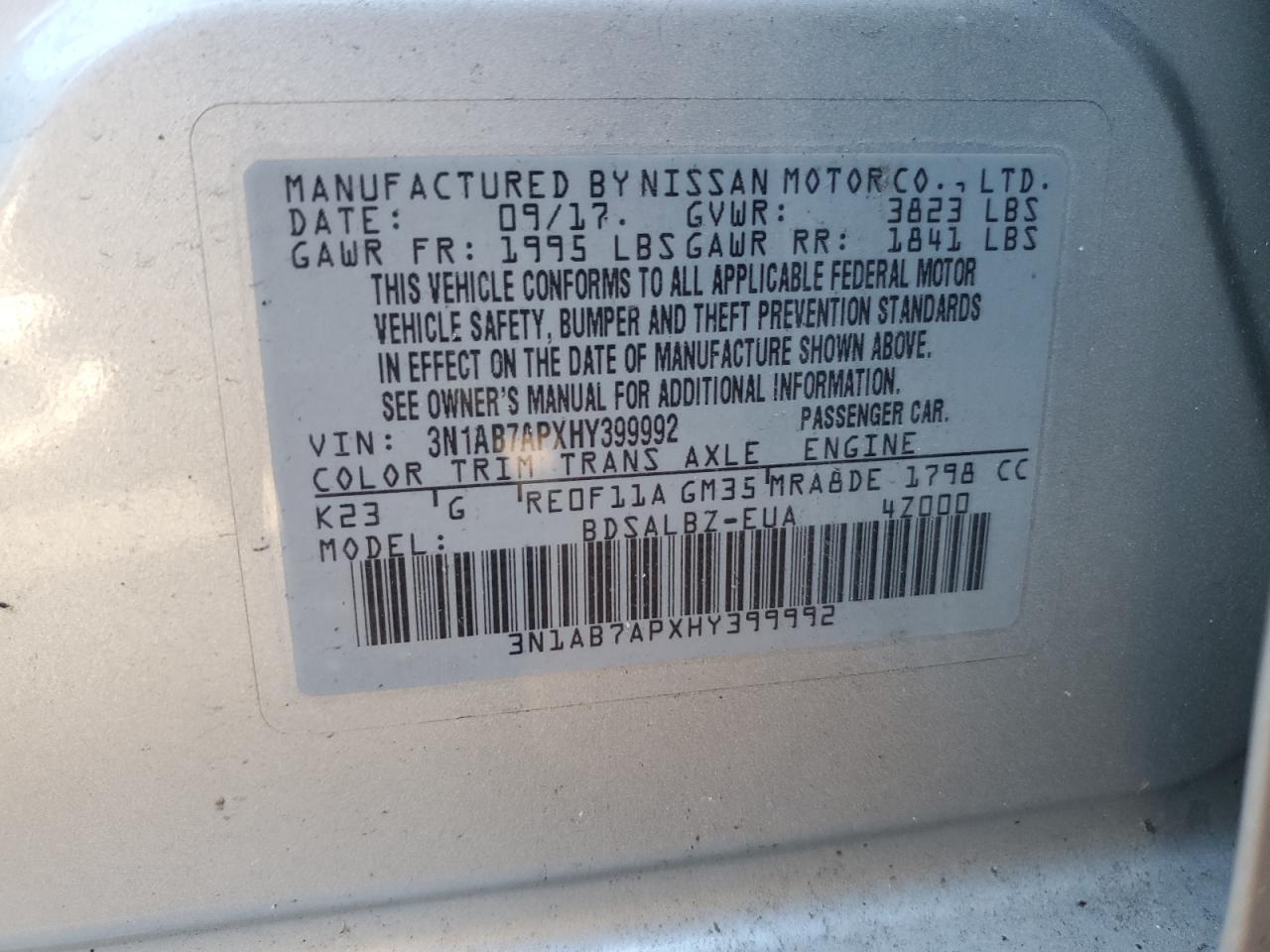 2017 Nissan Sentra VIN 3N1AB7APXHY399992 Copart auction photo, front end damage thumbnail 12