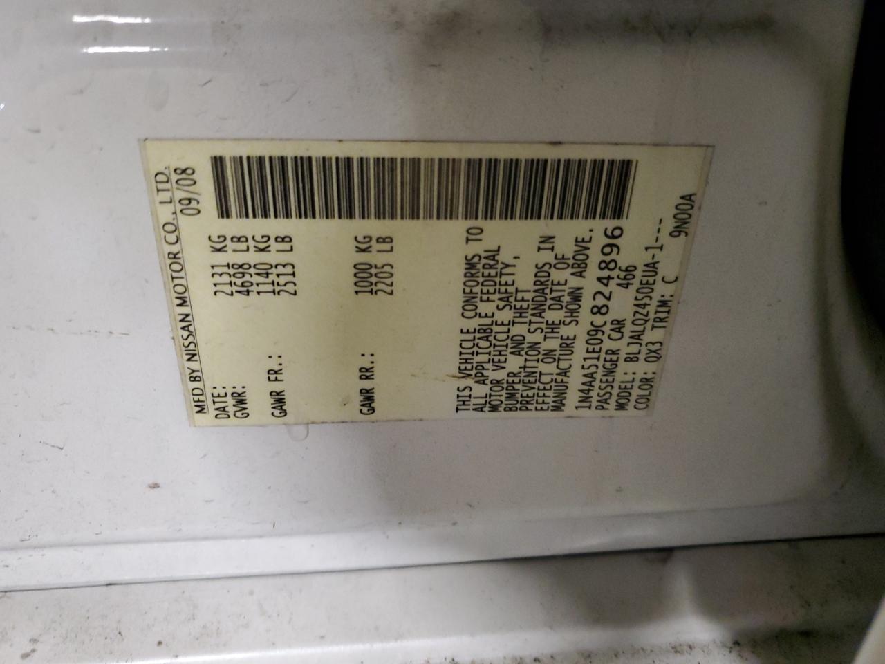 2009 Nissan Maxima VIN 1N4AA51E09C824896 Copart auction photo, water/flood / mechanical damage thumbnail 14