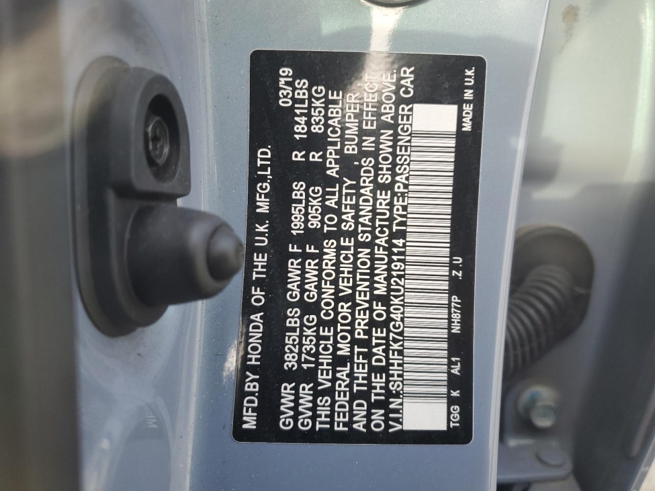 2019 Honda Civic VIN SHHFK7G40KU219114 Copart auction photo, front end damage thumbnail 14