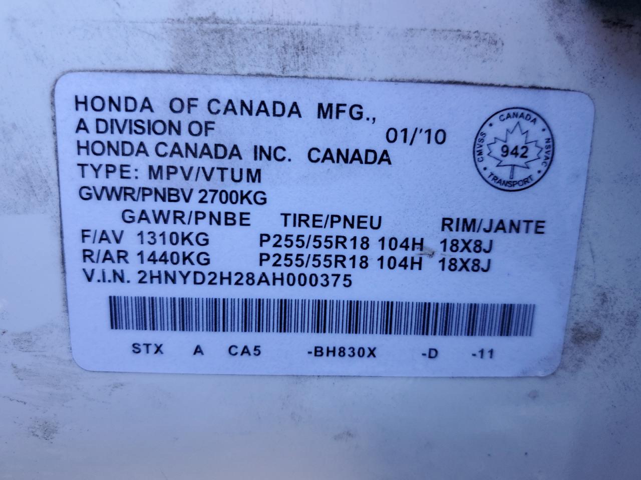 2010 Acura MDX VIN 2HNYD2H28AH000375 Copart auction photo, front end / side damage thumbnail 13