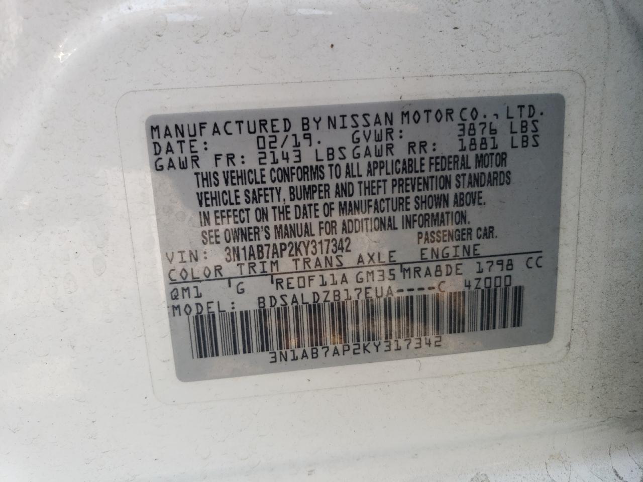 2019 Nissan Sentra VIN 3N1AB7AP2KY317342 Copart auction photo, front end / side damage thumbnail 12