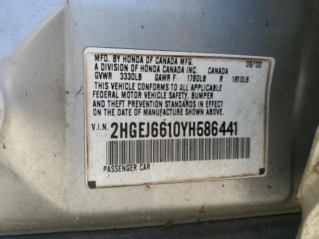 2000 Honda Civic VIN 2HGEJ6610YH586441 Copart auction photo, front end / rear end damage thumbnail 12