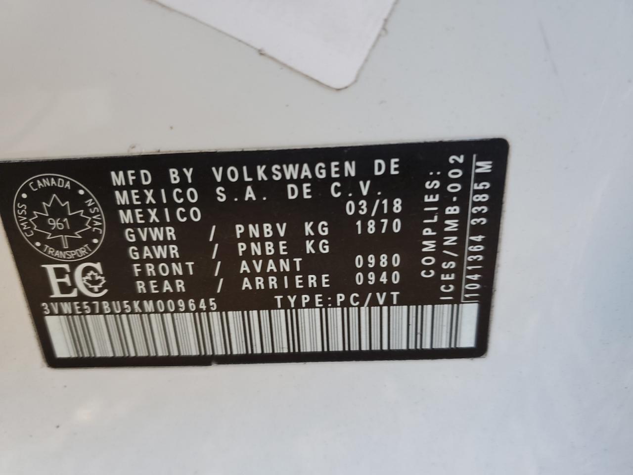 2019 Volkswagen Jetta VIN 3VWE57BU5KM009645 Copart auction photo, front end damage thumbnail 12