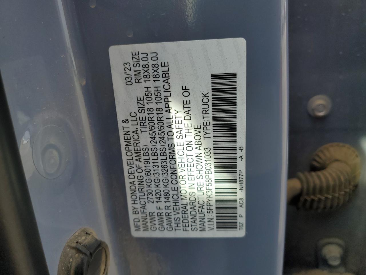 2023 Honda Ridgeline VIN 5FPYK3F58PB031033 Copart auction photo, minor dent/scratches damage thumbnail 12