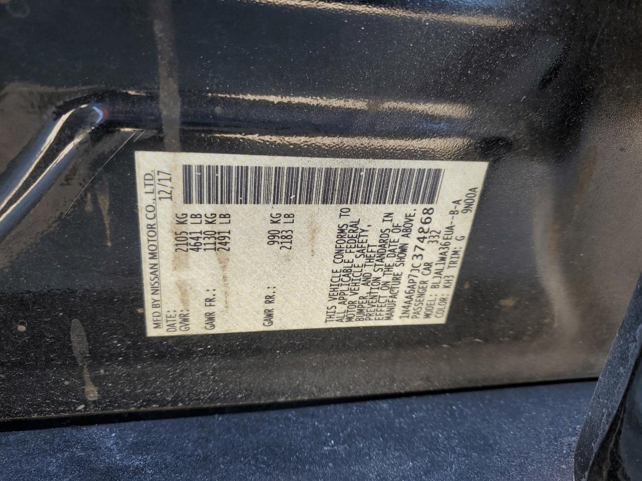 2018 Nissan Maxima VIN 1N4AA6AP7JC374868 Copart auction photo, front end / side damage thumbnail 14