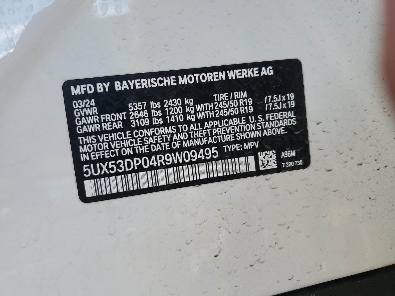 2024 BMW X3 VIN 5UX53DP04R9W09495 Copart auction photo, front end damage thumbnail 13