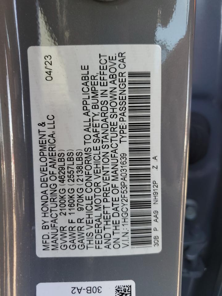 2023 Honda Accord VIN 1HGCY2F53PA031639 Copart auction photo, rear end damage thumbnail 12