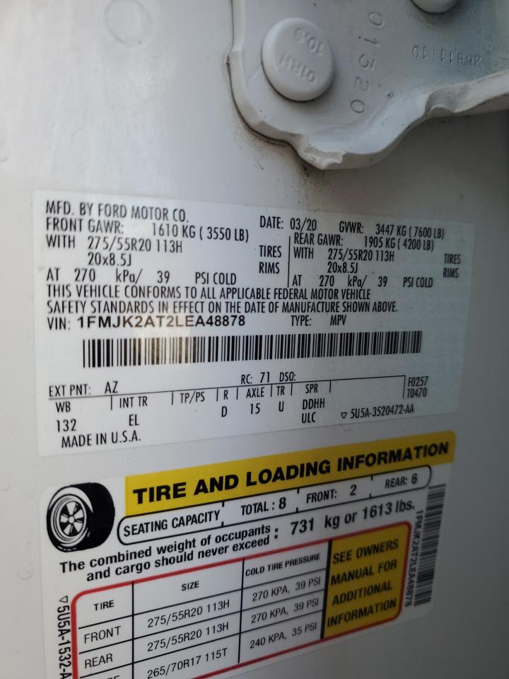 2020 Ford Expedition VIN 1FMJK2AT2LEA48878 Copart auction photo, front end damage thumbnail 14