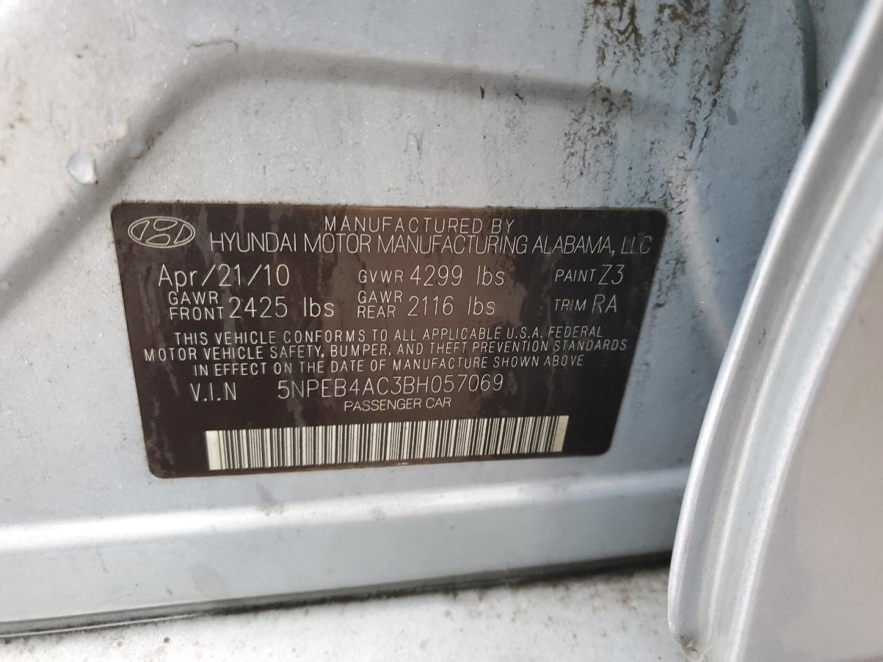 2011 Hyundai Sonata VIN 5NPEB4AC3BH057069 Copart auction photo, all over damage thumbnail 15