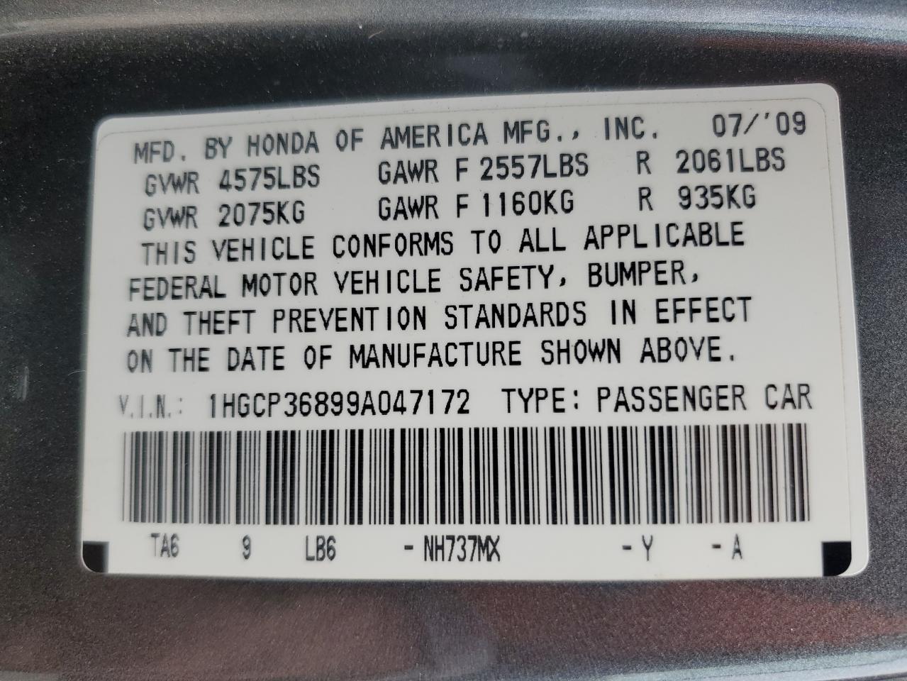 2009 Honda Accord VIN 1HGCP36899A047172 Copart auction photo, front end damage thumbnail 13