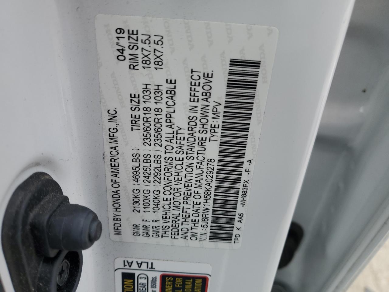 2019 Honda CR-V VIN 5J6RW1H58KA029278 Copart auction photo, rear end damage thumbnail 16