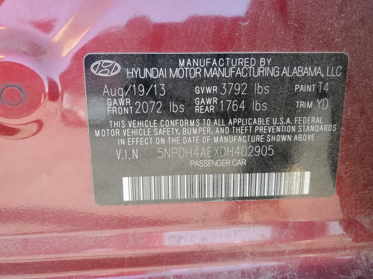 2013 Hyundai Elantra VIN 5NPDH4AEXDH402905 Copart auction photo, front end damage thumbnail 14