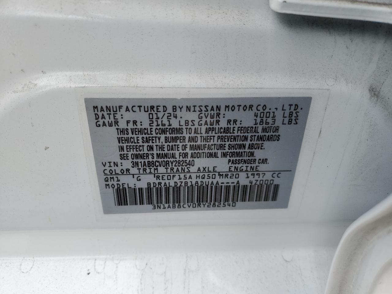 2024 Nissan Sentra VIN 3N1AB8CV0RY282540 Copart auction photo, minor dent/scratches damage thumbnail 12