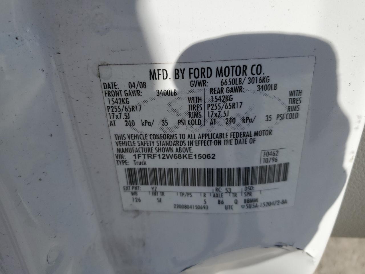 2008 Ford F-150 VIN 1FTRF12W68KE15062 Copart auction photo, side / rear end damage thumbnail 12